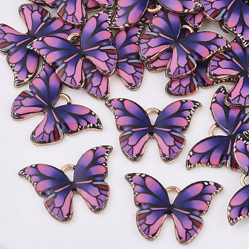 Printed Alloy Pendants, with Enamel, Butterfly, Light Gold, Fuchsia, 15.5x22x2mm, Hole: 1.8mm