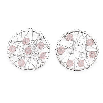 201 Stainless Steel Pendants, with Faceted Pink Glass Beads, Wire Wrapped, Flat Round, Stainless Steel Color, 26.5x25.5x4.5mm, Hole: 1mm