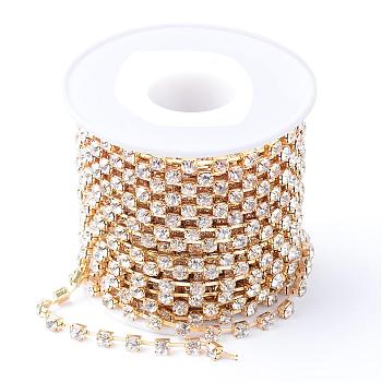 Brass Rhinestone Strass Chains, with Spool, Rhinestone Cup Chains, Raw(Unplated), Nickel Free, Crystal, 2.6mm, about 10yards/roll