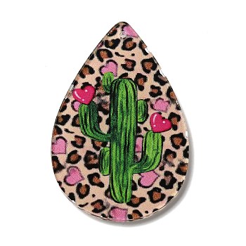 Opaque Acrylic Pendants, Teardrop, Cactus, 57.5x38x2.5mm, Hole: 1.6mm