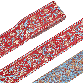 Ethnic style Embroidery Polyester Ribbons, Jacquard Ribbon, Garment Accessories, Single Face Floral Pattern, Red, 2-3/8 inch(60mm), about 5.47 Yards(5m)/Bundle