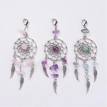 Natural Chip Gemstone Pendant Decorations, with Alloy Findings and Brass Lobster Claw Clasps, 94.5mm