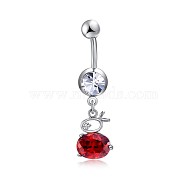 Brass Cubic Zirconia Bunny Navel Ring, Belly Rings, with 304 Stainless Steel Bar, Cadmium Free & Lead Free, Rabbit Charms, Red, 37mm, Bar: 15 Gauge(1.5mm), Bar Length: 3/8"(10mm)(AJEW-EE0004-38B)
