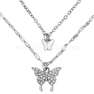Alloy Butterfly Pendant Necklaces for Women, Adjustable Cubic Zirconia Double Layer Necklaces Gifts for Christmas Birthday, Platinum, 14.57 inch(37cm)(JN1064A)