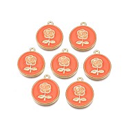 Rack Plating Alloy Pendants, with Enamel, Cadmium Free & Lead Free, Flat Round with Rose, Light Gold, Dark Orange, 20.5x18x2mm, Hole: 1.6mm(PALLOY-S132-237E-RS)