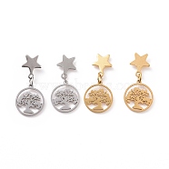 304 Stainless Steel Star with Tree Dangle Stud Earrings for Women, Mixed Color, 25.5mm, Pin: 0.8mm(EJEW-G328-08)