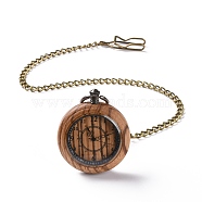 Ebony Wood Pocket Watch with Brass Curb Chain and Clips, Flat Round Electronic Watch for Men, BurlyWood, 16-3/8~17-1/8 inch(41.7~43.5cm)(WACH-D017-A12-03AB)