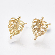 Brass Stud Earring Findings, with Loop, Tropical Theme, Monstera Leaf, Nickel Free, Real 18K Gold Plated, 14.5x10.5mm, Hole: 0.8mm, Pin: 0.8mm(KK-S350-424)