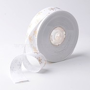 Golden Snowflake Pattern Printed Polyester Grosgrain Ribbon, for Christmas Gift Packing, White, 1 inch(25mm), about 100yards/roll(91.44m/roll)(SRIB-K002-25mm-M01)