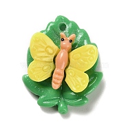Opaque Resin Decoden Pendants, Insect Butterfly with Leaf Charms, Yellow, 27.5x21.5x9.5mm, Hole: 2mm(RESI-M037-01C)