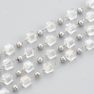Handmade Glass Beaded Chains, Soldered, with Spool, 304 Stainless Steel Findings and Iron Beads, Cube, Stainless Steel Color, Clear, 3mm, about 32.8 Feet(10m)/roll(CHS-S002-05)