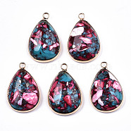 Teardrop Assembled Synthetic Turquoise and Natural Regalite/Imperial Jasper Pendants, with Iron Loop and Brass Edge, Light Gold, Dyed, Cerise, 30x19x7~8mm, Hole: 2mm(G-N330-20B)