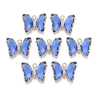 Glass Pendants, with Micro Pave Cubic Zirconia and Brass Open Back Settings, Faceted, Butterfly, Light Gold, Royal Blue, 15.5x20x4mm, Hole: 1.8mm(GLAA-T021-24A)
