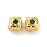 Brass Micro Pave Cubic Zirconia Beads, Real 18K Gold Plated, Cube, Green, 4x4x4.5mm, Hole: 1.4mm(KK-G490-18G-01)