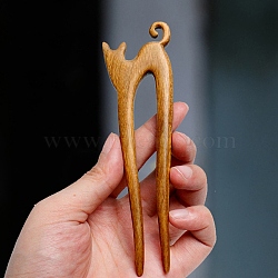 Chinese Style Cat Verawood Hair Forks, U Shaped Hairpin, for Women Girls , Sienna, 130mm(WOCR-PW0003-63B)