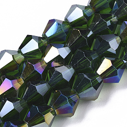 Electroplate Glass Beads Strands, AB Color Plated, Faceted, Bicone, Dark Green, 7.5~8x7.5~8mm, Hole: 1.5mm, about 40pcs/strand, 11.81 inch(EGLA-Q118-8mm-B26)