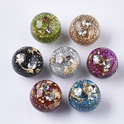 Transparent Resin Beads, with Rhinestone & Glitter Powder & Gold Foil, Half Drilled, Round, Mixed Color, 16mm, Half Hole: 1mm(RESI-S377-41)
