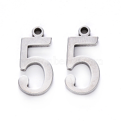 201 Stainless Steel Charms, Number, Laser Cut, Stainless Steel Color, Num.5, 15x7x1.5mm, Hole: 1.5mm(X-STAS-R108-05)