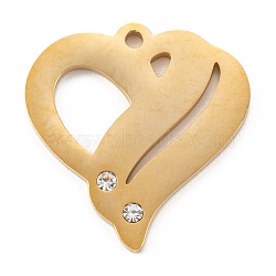 304 Stainless Steel Pendants, with Rhinestone, Heart, Golden, 23.5x22x1.4mm, Hole: 1.6mm(STAS-G251-05G)