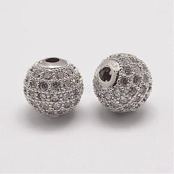 Brass Micro Pave Cubic Zirconia Beads, Round, Platinum, 10x9.5mm, Hole: 2mm(ZIRC-E110-07P)