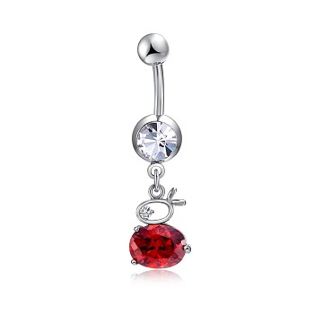 Brass Cubic Zirconia Bunny Navel Ring, Belly Rings, with 304 Stainless Steel Bar, Cadmium Free & Lead Free, Rabbit Charms, Red, 37mm, Bar: 15 Gauge(1.5mm), Bar Length: 3/8"(10mm)