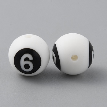 Silicone Beads, Chewing Beads For Teethers, DIY Nursing Necklaces and Bracelets Making, White Round with Black Numbers, Num.6, 13.5mm, Hole: 2.2mm