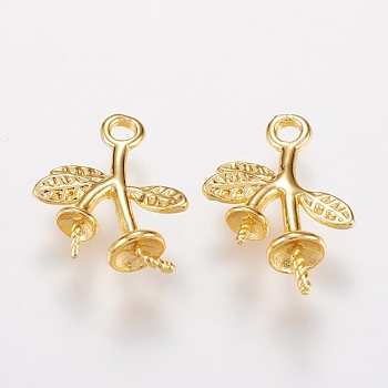 Brass Peg Bails Pendants, For Half Drilled Beads, Leaf, Golden, 11x9.5x3.5mm, Hole: 1mm, Pin: 0.5mm and 0.8mm, Tray: 2mm and 3mm