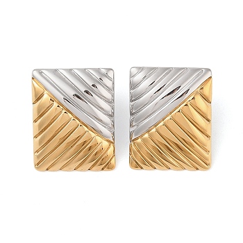 304 Stainless Steel Stud Earrings for Women, Stripe Rectangle, Golden & Stainless Steel Color, 31.5x24.5mm