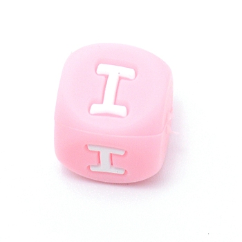 Silicone Alphabet Beads for Bracelet or Necklace Making, Letter Style, Pink Cube, Letter.I, 12x12x12mm, Hole: 3mm