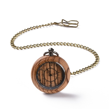 Ebony Wood Pocket Watch with Brass Curb Chain and Clips, Flat Round Electronic Watch for Men, BurlyWood, 16-3/8~17-1/8 inch(41.7~43.5cm)