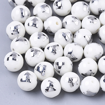 Christmas Opaque Glass Beads, Round with Electroplate Christmas Hat Pattern, Platinum Plated, 10mm, Hole: 1.2mm