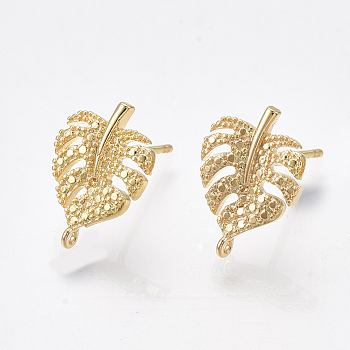 Brass Stud Earring Findings, with Loop, Tropical Theme, Monstera Leaf, Nickel Free, Real 18K Gold Plated, 14.5x10.5mm, Hole: 0.8mm, Pin: 0.8mm