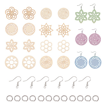 DIY Dangle Earring Making, with Wood Cabochons & Filigree Joiners Findings, 304 Stainless Steel Jump Rings and Brass Earring Hooks, Platinum & Stainless Steel Color