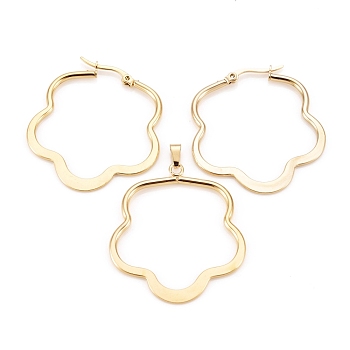 304 Stainless Steel Jewelry Sets, Hoop Earrings and Pendants, Flower, Golden, 39x36x2mm, Pin: 0.8x1mm, 39.5x35x2mm, Hole: 6x3mm
