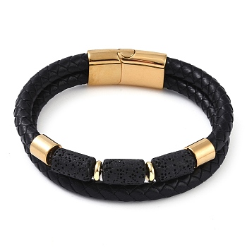 Natural Lava Rock Bead Leather Cord Multi-strand Bracelets, with Ion Plating(IP) 304 Stainless Steel Magnetic Clasps, for Men Women, Golden, 8-3/8 inch(21.2cm)