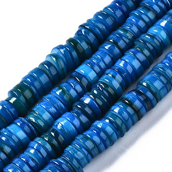 Natural Freshwater Shell Beads Strands, Dyed, Flat Round/Disc, Heishi Beads, Steel Blue, 6x6x1~2.5mm, Hole: 1mm, about 201~208pcs/strand, 15.20~15.43 inch(38.6~39.2cm)