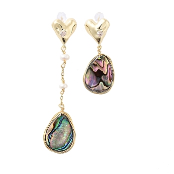 Shell & Paua Pearl Asymmetrical Earrings, with Brass Findings and 925 Sterling Silver Pins, Teardrop, Real 14K Gold Plated, 37.5~67.5x16mm