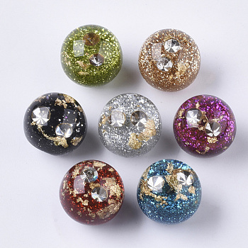 Transparent Resin Beads, with Rhinestone & Glitter Powder & Gold Foil, Half Drilled, Round, Mixed Color, 16mm, Half Hole: 1mm