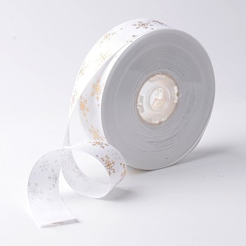 Golden Snowflake Pattern Printed Polyester Grosgrain Ribbon, for Christmas Gift Packing, White, 1 inch(25mm), about 100yards/roll(91.44m/roll)
