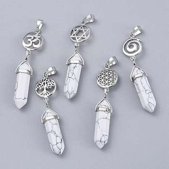 Synthetic Howlite Pointed Big Pendants, Double Terminated Pointed, with Platinum Plated Brass Findings, Faceted, Bullet, 59~67x14~15mm, Hole: 7x5mm, Gemstone: 41~44x8mm