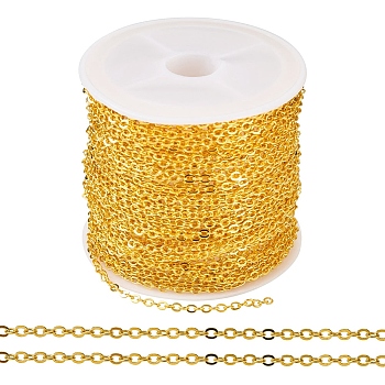 Brass Coated Iron Flat Cable Chains, Soldered, with Spool, Flat Oval, Golden, 2.5x2x0.3mm, about 32.81 Feet(10m)/Roll