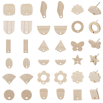 36Pcs 18 Styles Ash Wood Stud Earring Findings, with 304 Stainless Steel Pins & 50Pcs Plastic Ear Nuts, Oval & Square & Fan & Flower & Butterfly & Star, BurlyWood, 10.5~23x6.5~20mm, Hole: 1.8~2mm, Pin: 0.7mm, 2Pcs/style