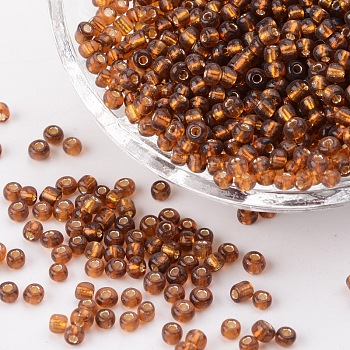 8/0 Glass Seed Beads, Silver Lined Round Hole, Round, Brown, 3mm, Hole: 1mm, about 10000 beads/pound