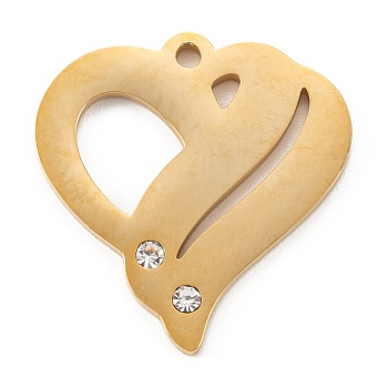 304 Stainless Steel Pendants, with Rhinestone, Heart, Golden, 23.5x22x1.4mm, Hole: 1.6mm