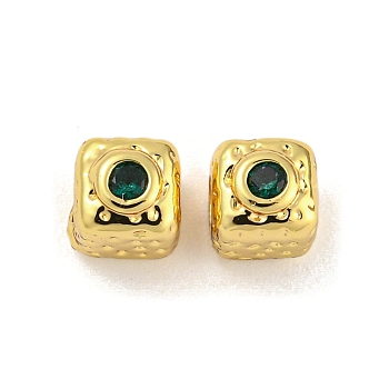 Brass Micro Pave Cubic Zirconia Beads, Real 18K Gold Plated, Cube, Green, 4x4x4.5mm, Hole: 1.4mm