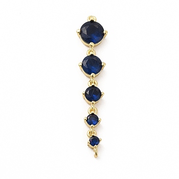 Rack Plating Brass Pave Cubic Zirconia Connector Charms, Cadmium Free & Lead Free, Five Flat Round Links, Real 18K Gold Plated, Midnight Blue, 36x7.5x3.5mm, Hole: 0.6mm