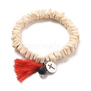 Stretch Charm Bracelets, with Coconut Beads, Natural Lava Rock Beads, 304 Stainless Steel Charms and Cotton Thread Tassels, Flat Round with Cross, Red, Inner Diameter: 2-1/8 inch(5.4cm)(BJEW-JB05522-01)