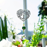Alloy Heart with Tree of Life Pendant Decorations, Hanging Suncatchers, with Glass Teardrop Charm, Dark Green, 350mm(TREE-PW0003-20C)