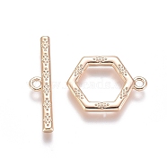 Brass Toggle Clasps, with Jump Rings, for DIY Jewelry Making, Real 18K Gold Plated, Hexagon: 16x12x1.5mm, Bar: 21x4.5x1.5mm, Hole: 1.2mm(KK-G381-08G)