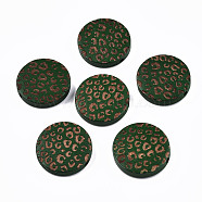 Painted Natural Wood Beads, Laser Engraved Pattern, Flat Round with Leopard Print, Dark Green, 20x5mm, Hole: 1.5mm(WOOD-T021-49B-05)
